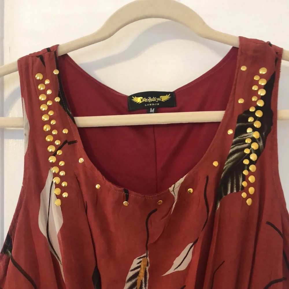 Red Vintage Bohemian Feather-Patterned Dress (Donating 4/15) - Picture 4 of 6